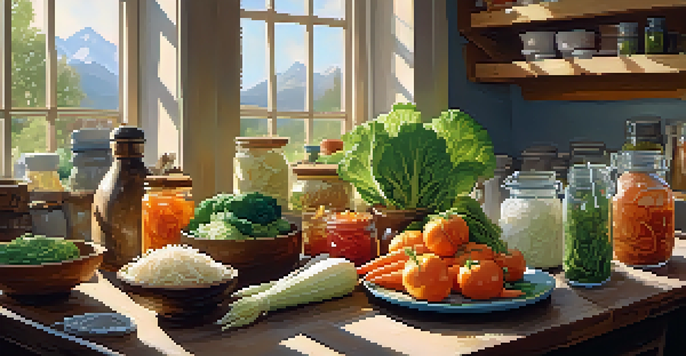A kitchen table adorned with various jars of colorful fermented foods like sauerkraut and kimchi, with sunlight illuminating the scene.
