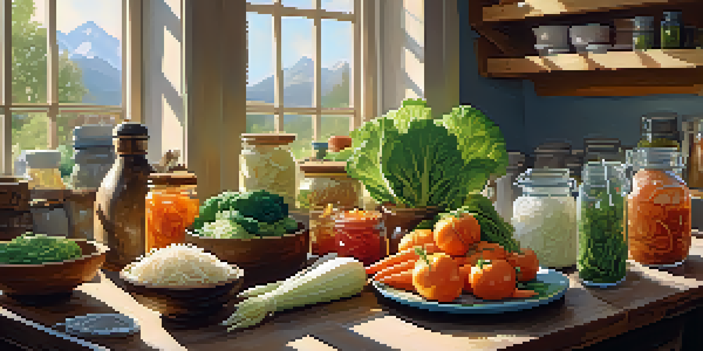 A kitchen table adorned with various jars of colorful fermented foods like sauerkraut and kimchi, with sunlight illuminating the scene.