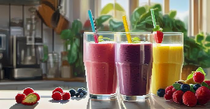 A green smoothie in a clear glass with a colorful straw, set in a bright kitchen with sunlight.
