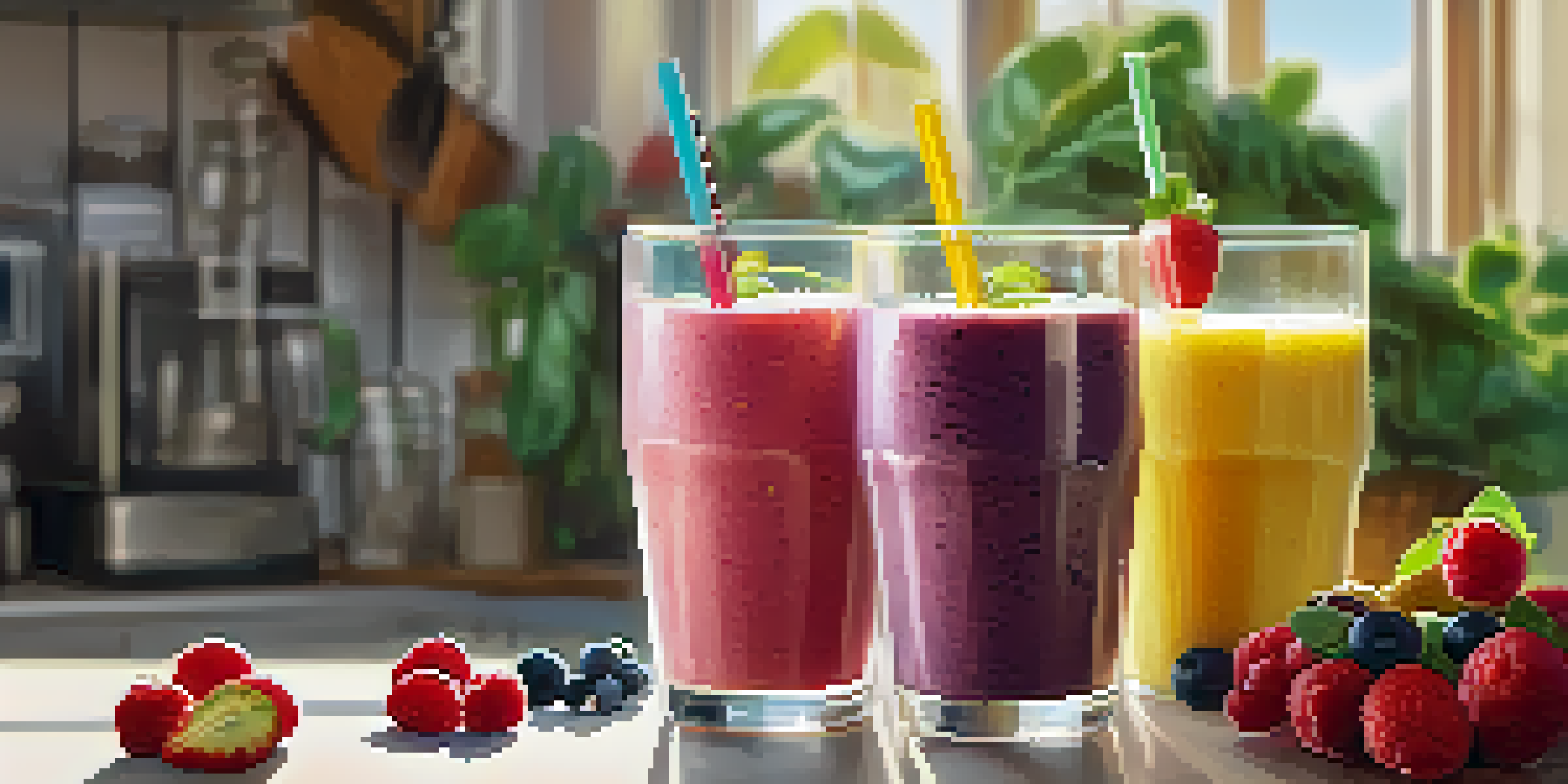 A green smoothie in a clear glass with a colorful straw, set in a bright kitchen with sunlight.
