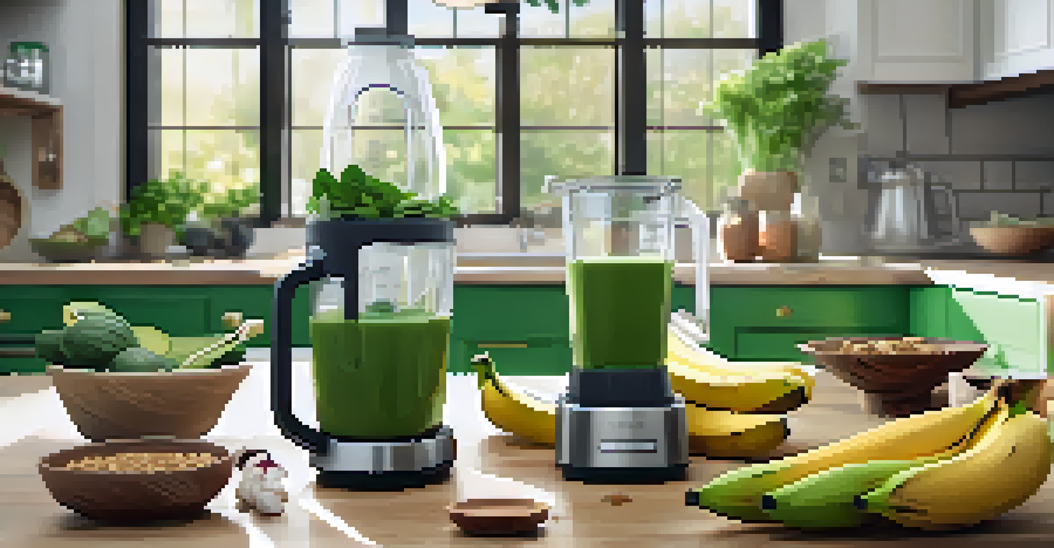 A person making a green smoothie in a bright kitchen, surrounded by fresh ingredients like bananas and spinach, showcasing a healthy lifestyle.