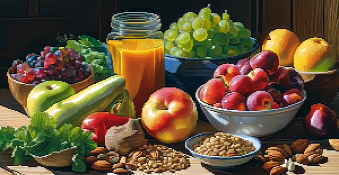 A colorful assortment of raw fruits, vegetables, nuts, and seeds displayed on a wooden table with natural sunlight illuminating the scene.