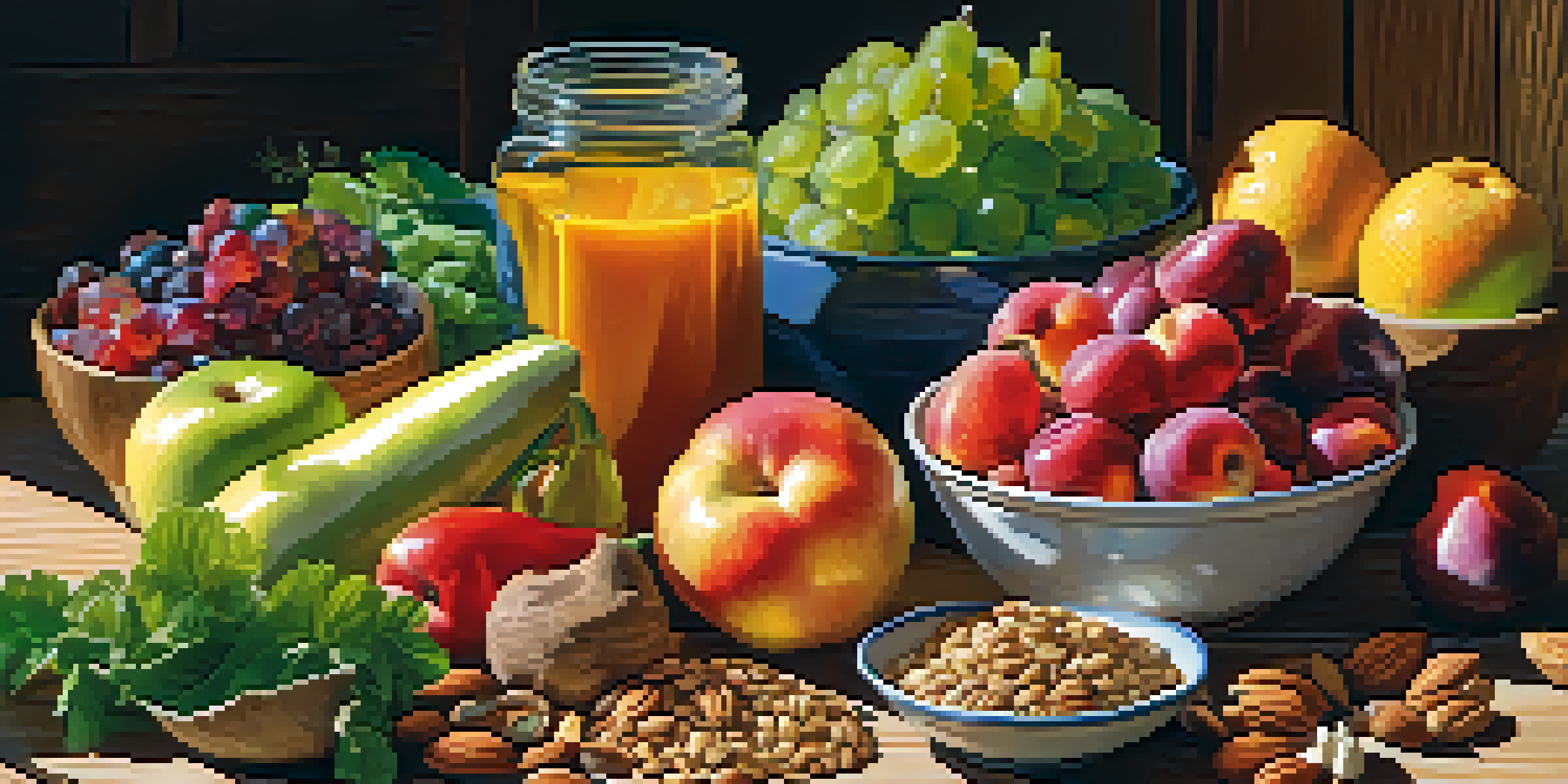 A colorful assortment of raw fruits, vegetables, nuts, and seeds displayed on a wooden table with natural sunlight illuminating the scene.