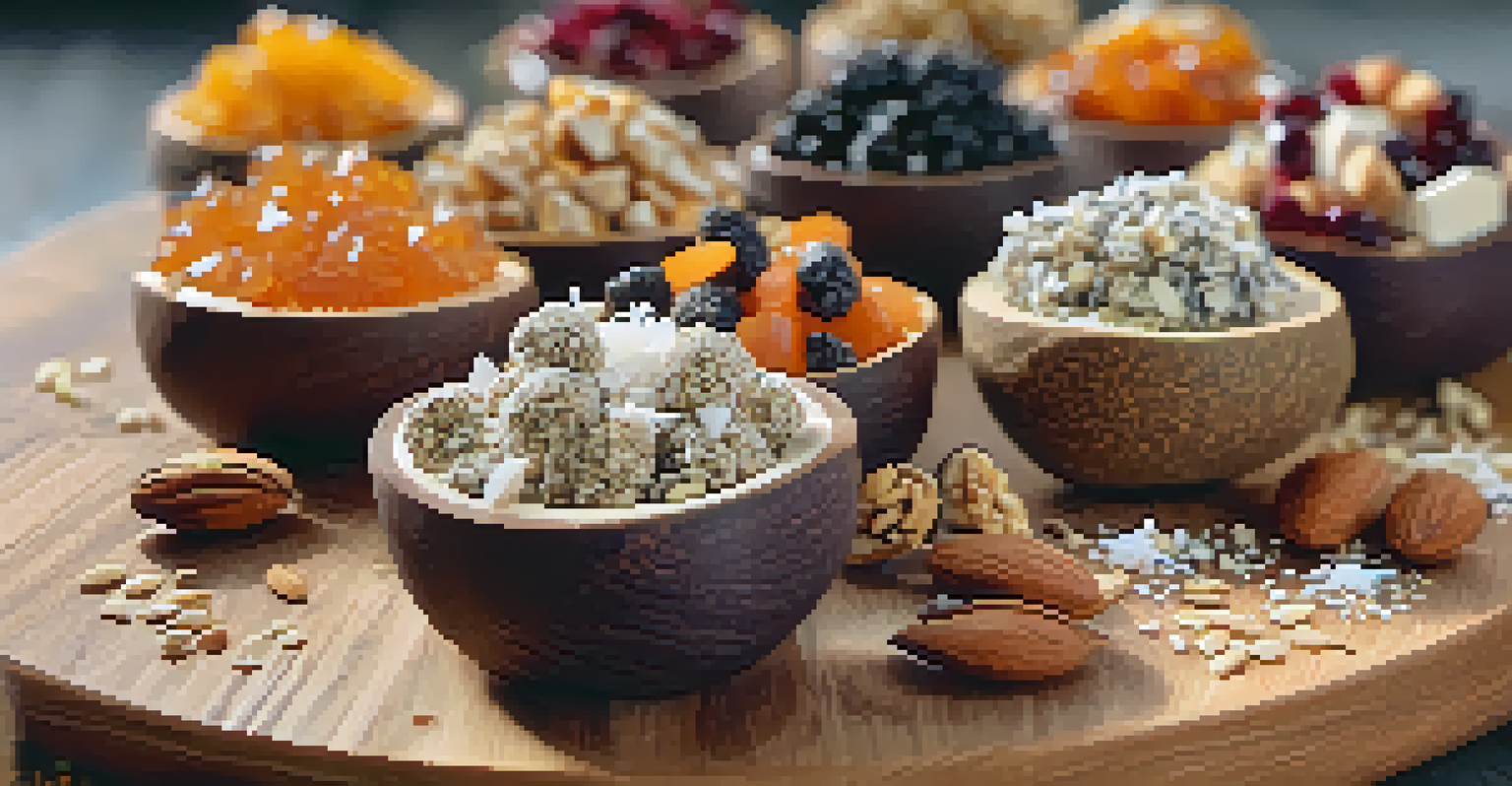 A platter of raw energy bites made from nuts and seeds with coconut flakes.