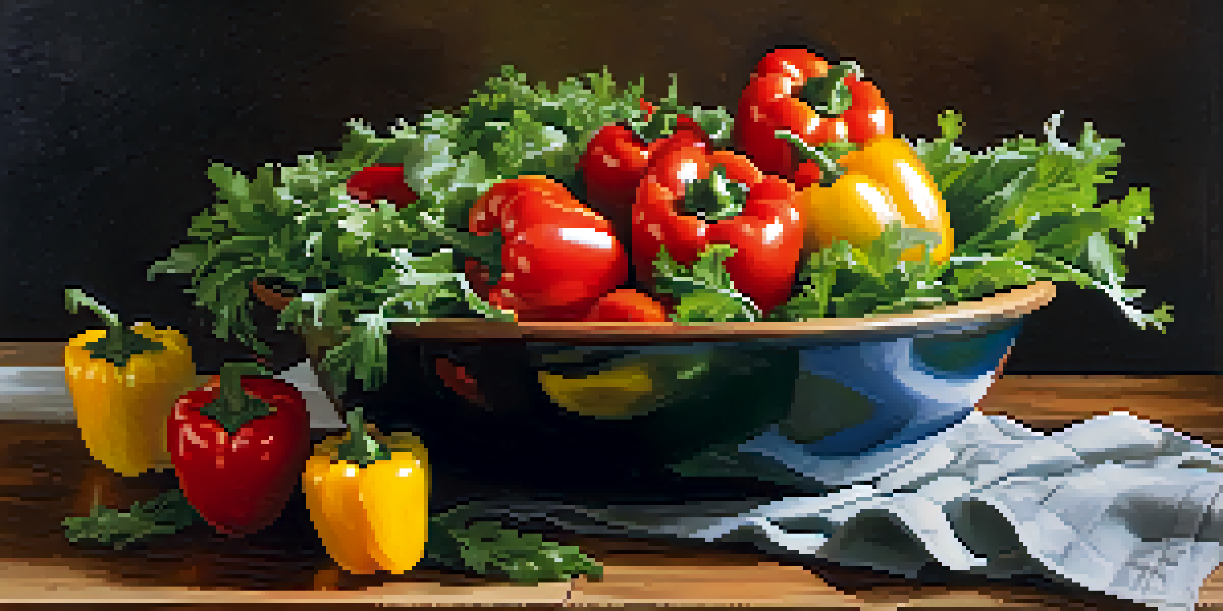 A colorful salad bowl filled with dark leafy greens, red tomatoes, and yellow bell peppers, set on a wooden table with sunlight shining on it.