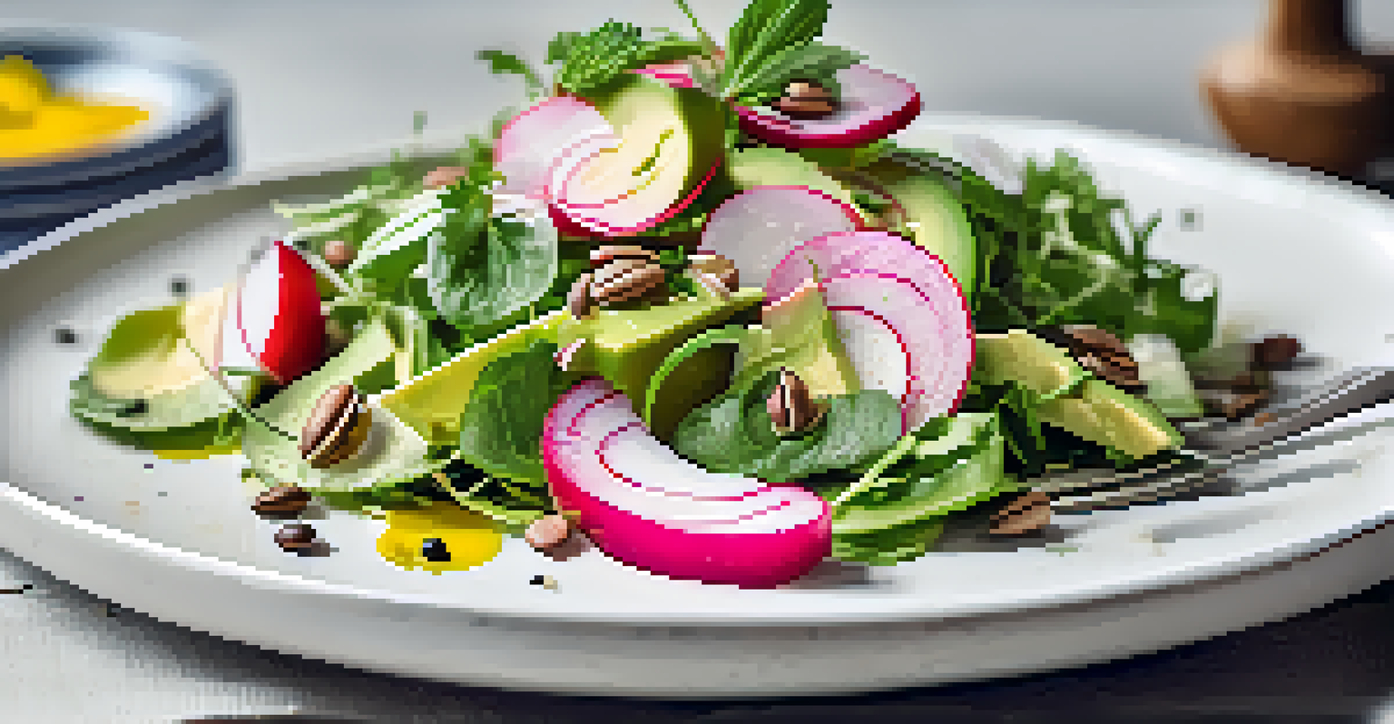 A colorful raw salad with greens, radishes, and avocado on a white plate, garnished with sunflower seeds and herbs.