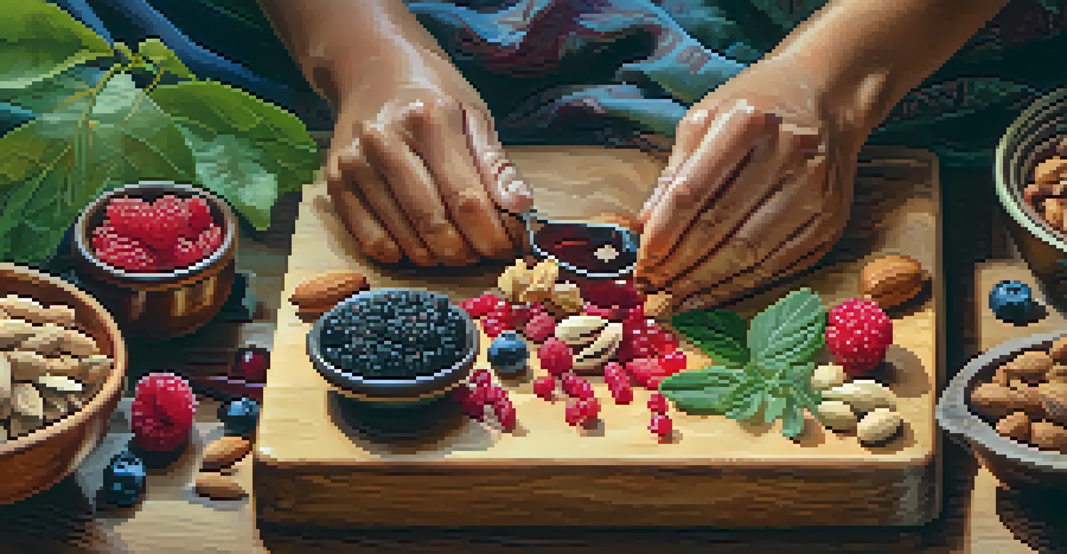 Close-up of hands preparing raw Indigenous food with wild berries and nuts on a wooden cutting board.