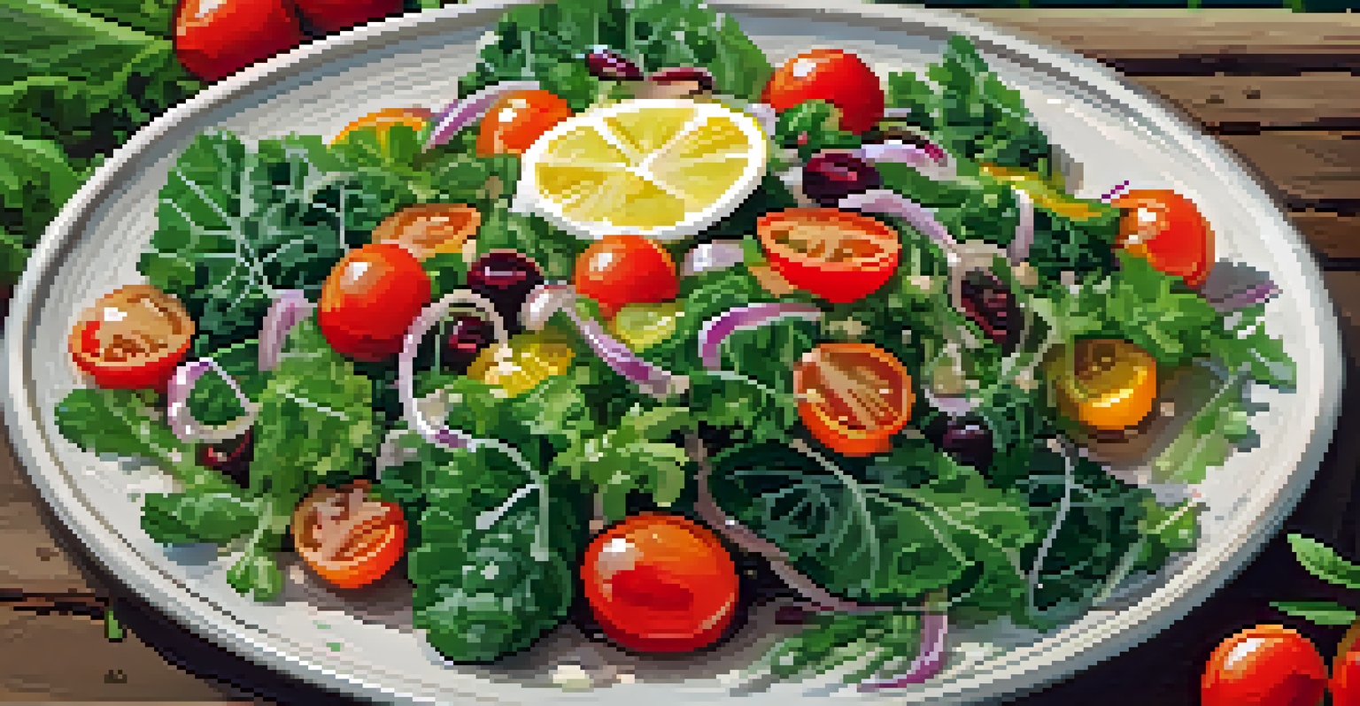 A colorful kale salad with cherry tomatoes and lemon-tahini dressing, beautifully plated on a rustic wooden table.