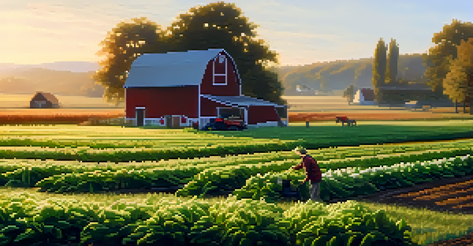 A picturesque local farm at sunset, with crops and a farmer harvesting vegetables in a warm, inviting setting.