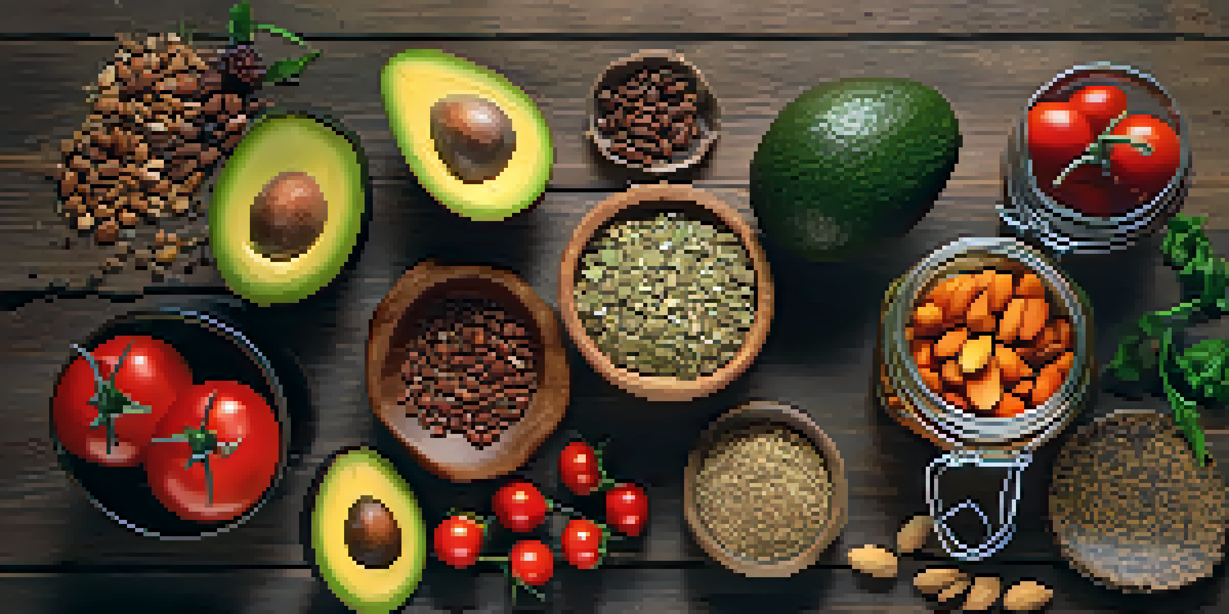 A colorful arrangement of fresh fruits and vegetables on a wooden table, illuminated by natural sunlight.