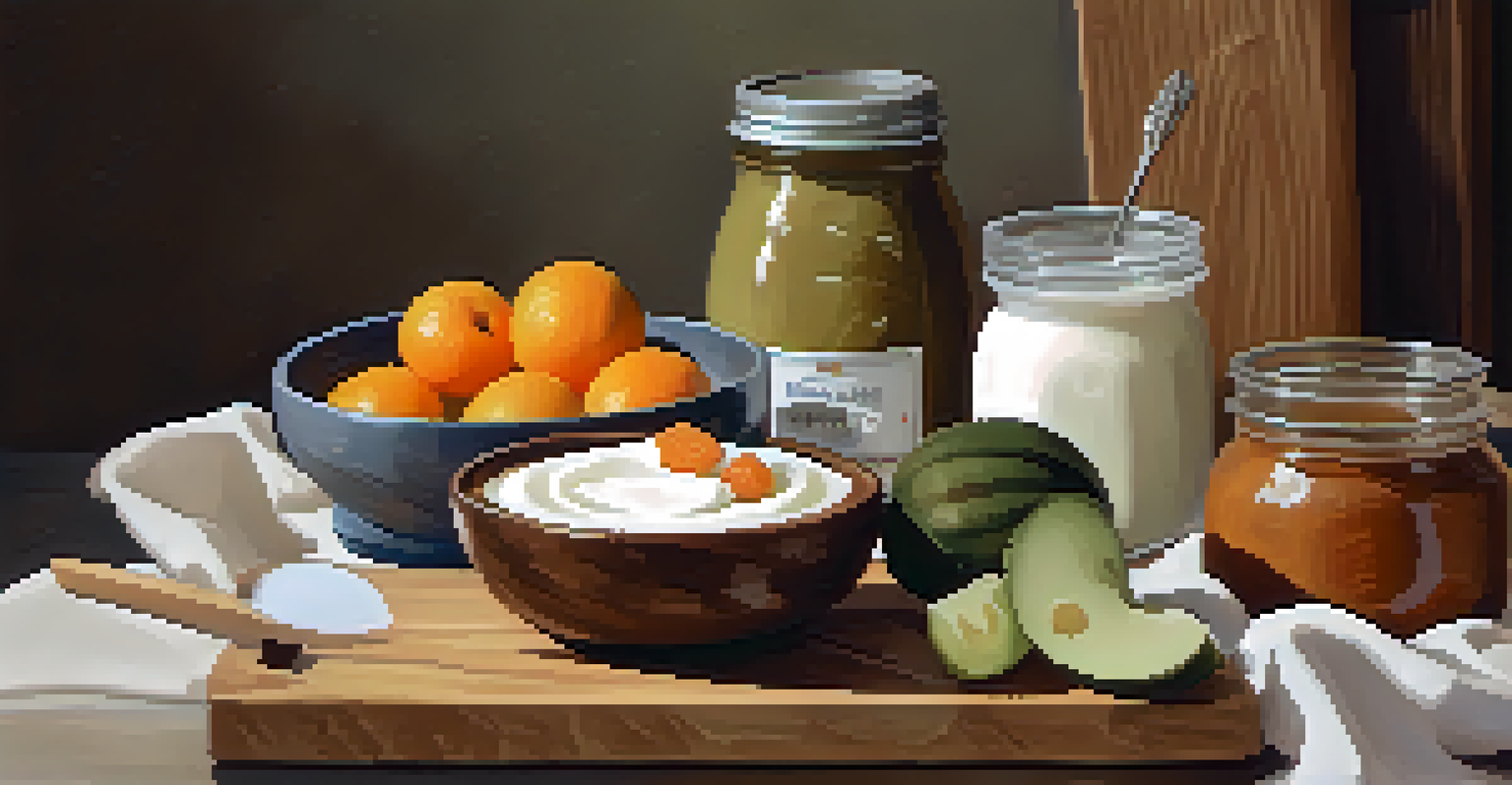 An arrangement of miso paste, yogurt with fruits, and pickles on a wooden board, showcasing fermented foods.