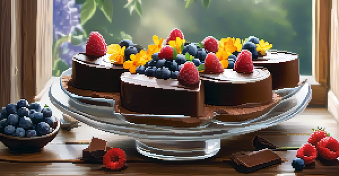 A vibrant raw chocolate mousse topped with fresh berries and edible flowers on a rustic wooden table, illuminated by soft natural light.