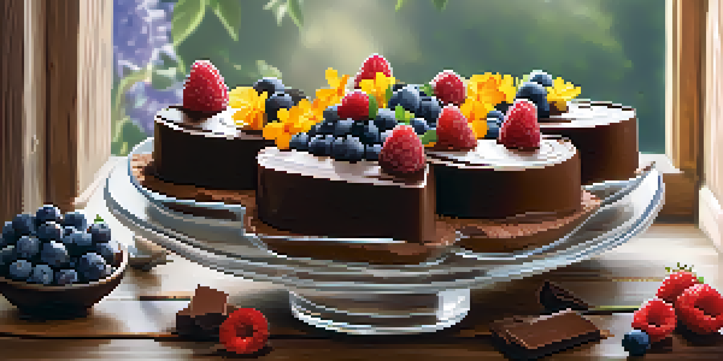 A vibrant raw chocolate mousse topped with fresh berries and edible flowers on a rustic wooden table, illuminated by soft natural light.