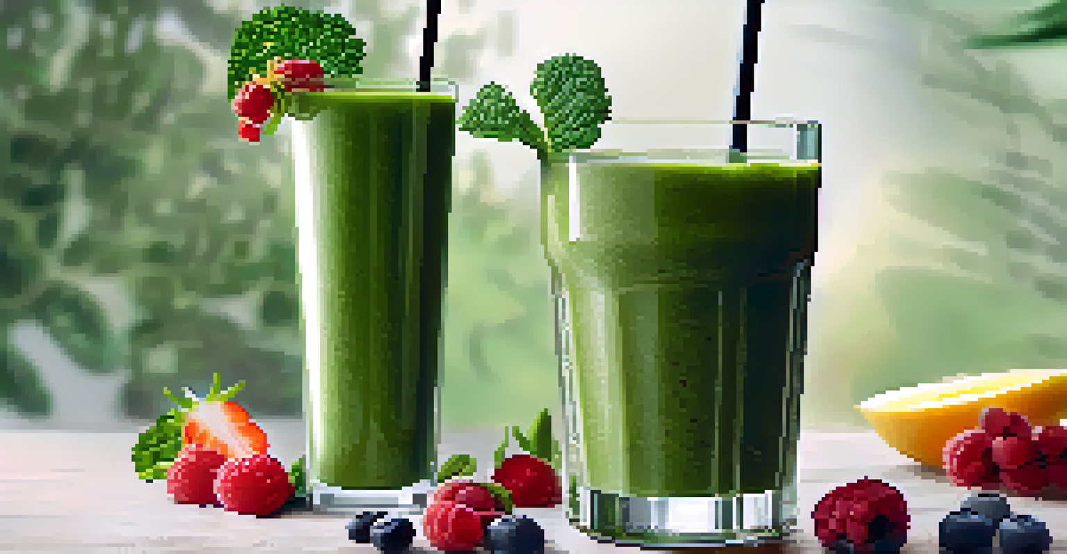 A clear glass filled with a green smoothie, surrounded by kale leaves and berries, showcasing a healthy raw food option.