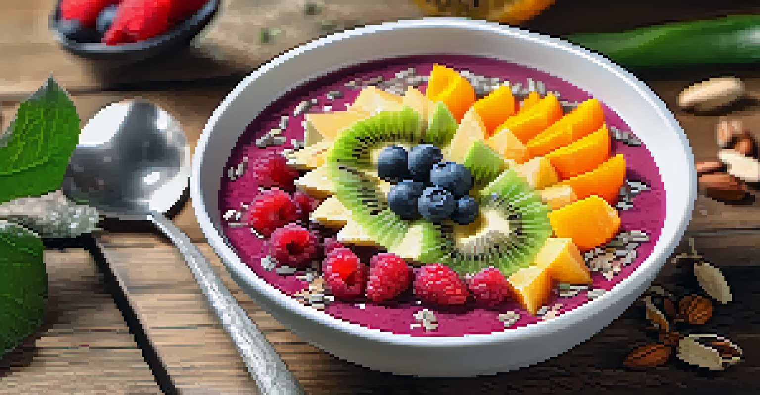 A close-up of a smoothie bowl topped with colorful raw fruits, seeds, and nuts, placed on a wooden table with a plant in the background.