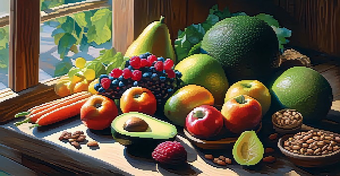 A colorful display of fresh fruits, vegetables, nuts, and seeds on a wooden table, with sunlight creating warm shadows.
