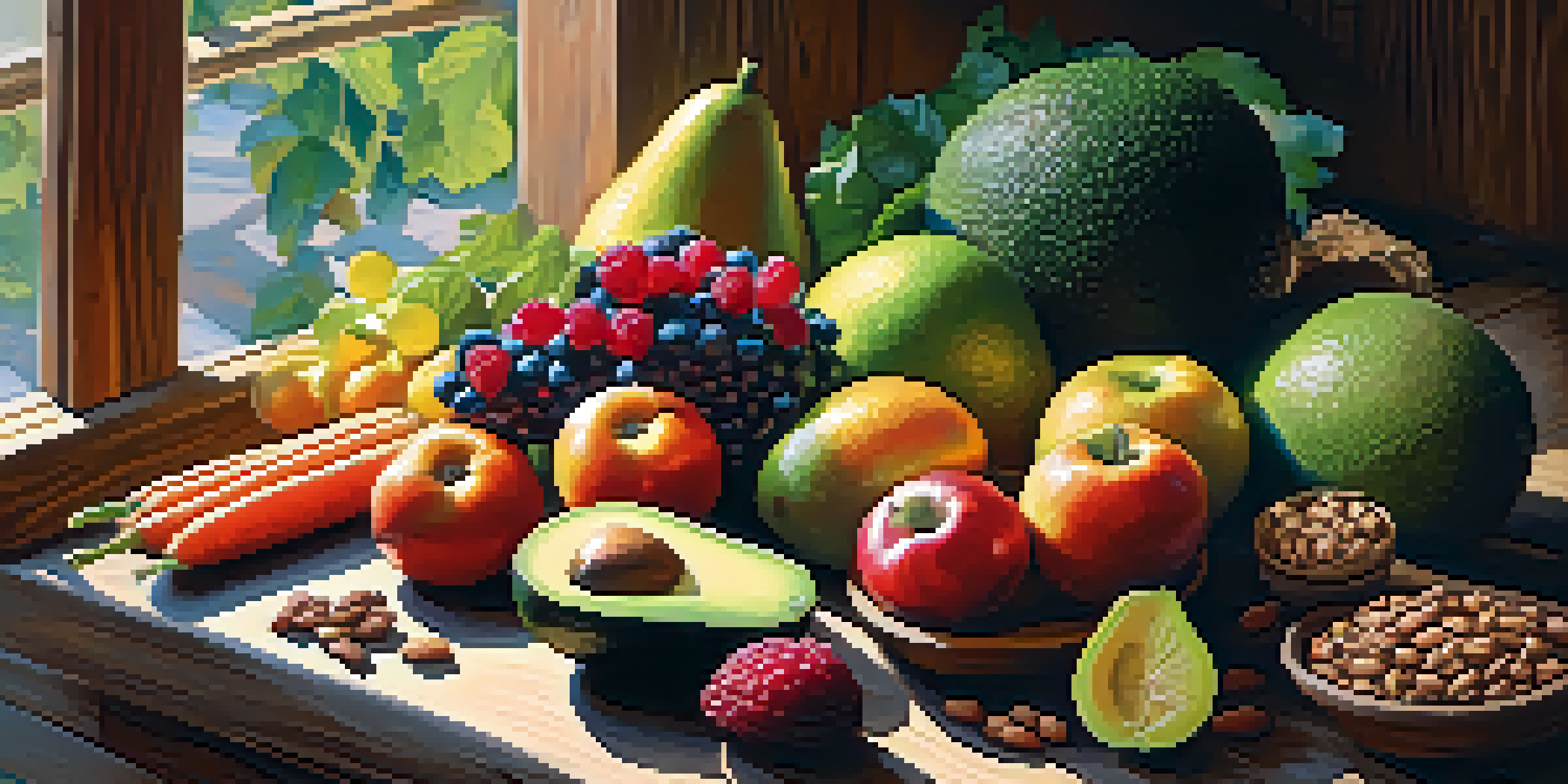 A colorful display of fresh fruits, vegetables, nuts, and seeds on a wooden table, with sunlight creating warm shadows.