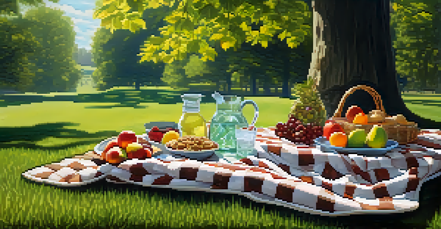 A picnic scene with a blanket on grass, filled with fresh fruits and nuts, under sunlight in a park.