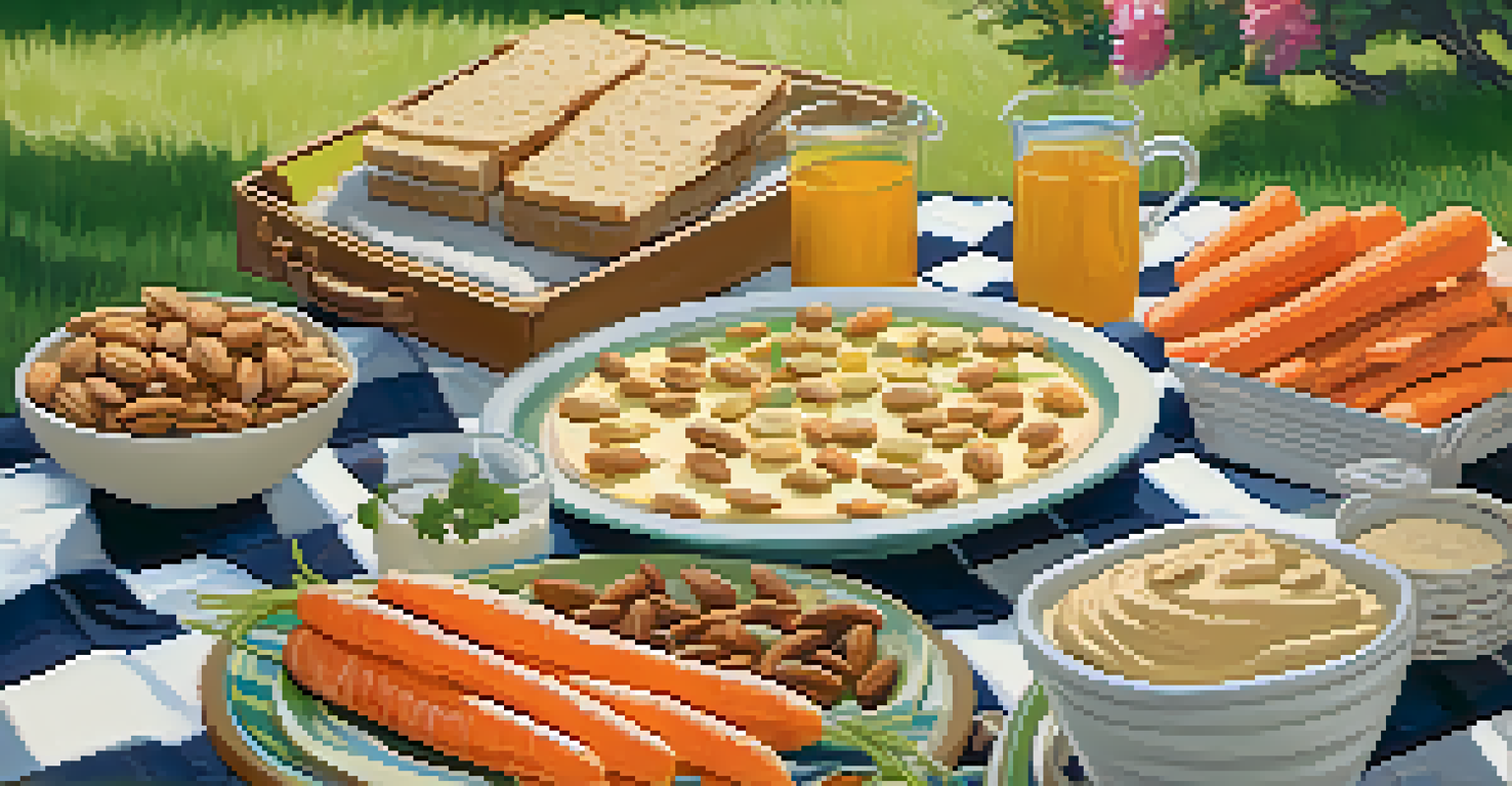 A picnic scene with raw snacks like carrot sticks and hummus on a checkered blanket in a sunny park, promoting a healthy outdoor experience.
