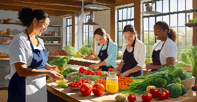 A lively cooking class where participants prepare raw food with fresh ingredients in a sunlit kitchen.