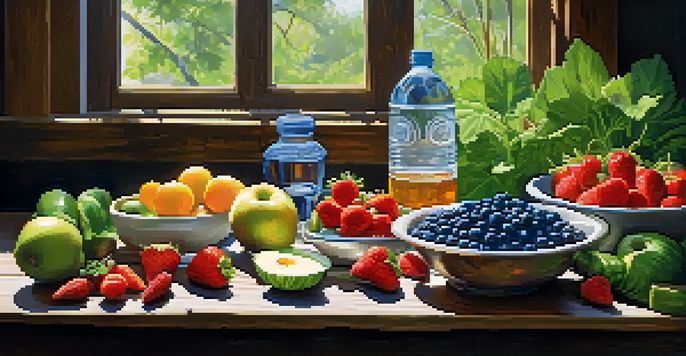 A colorful raw food meal displayed on a wooden table with fruits and vegetables, illuminated by sunlight.