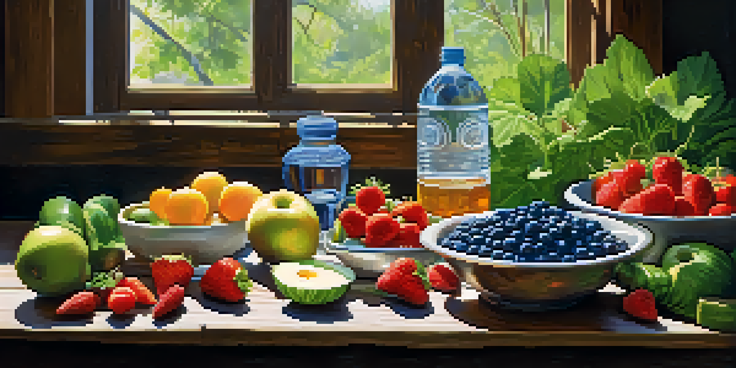 A colorful raw food meal displayed on a wooden table with fruits and vegetables, illuminated by sunlight.