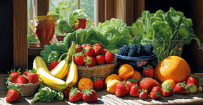 A variety of fresh raw fruits and vegetables displayed on a wooden table, illuminated by natural sunlight.