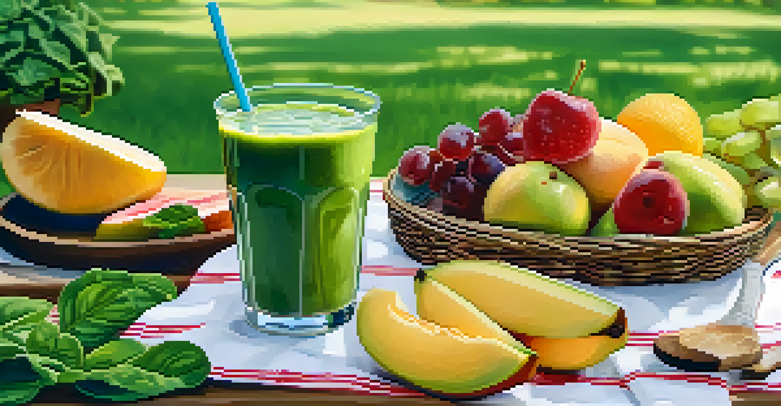 A portable cup filled with green smoothie, surrounded by sliced fruits and greens, set against a sunny outdoor picnic scene.