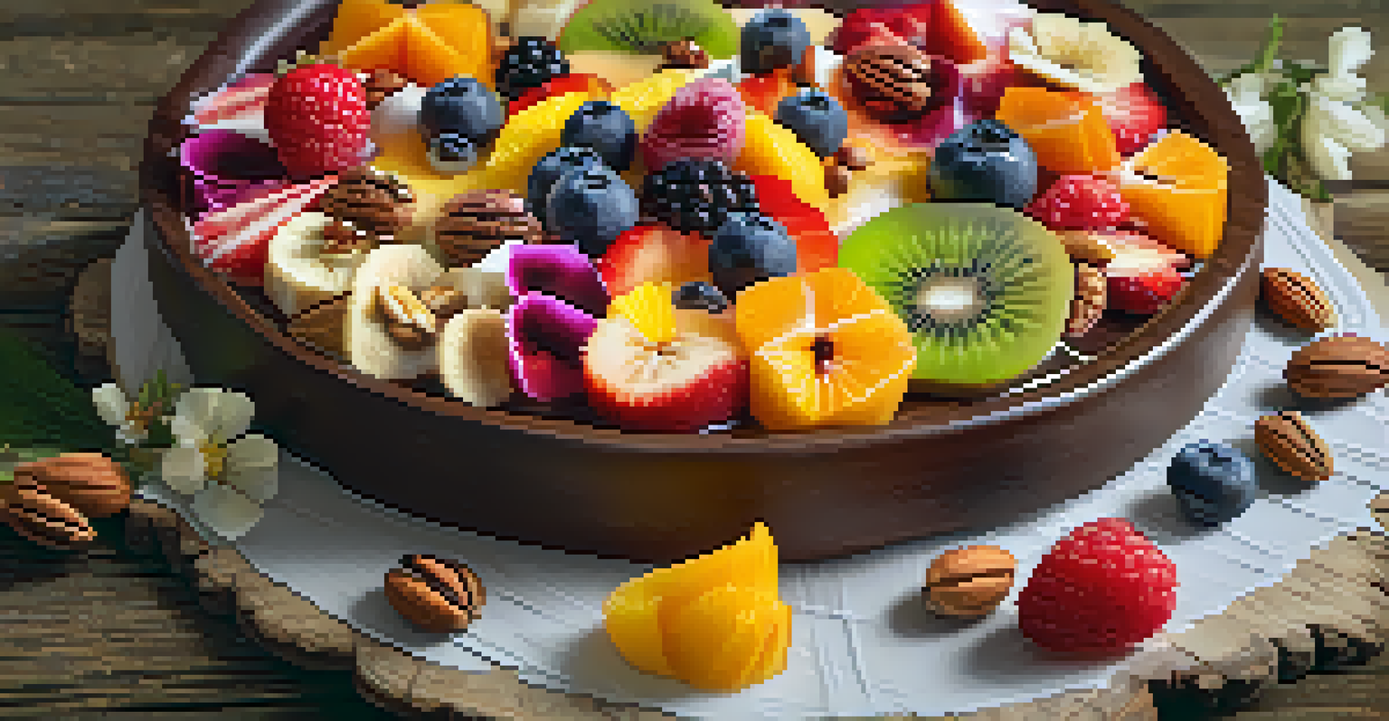 A close-up of a beautifully plated raw dessert with colorful fruits, nuts, and edible flowers on a rustic wooden table.