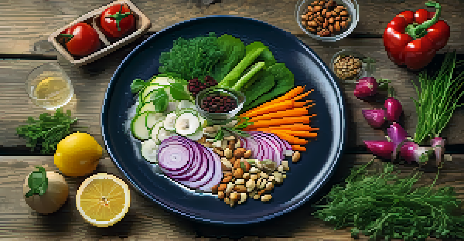 A beautifully arranged raw food dish with colorful vegetables and nuts on a rustic table.
