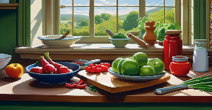 An organized kitchen with separate cutting boards for raw meat and vegetables, sunlight illuminating the scene.