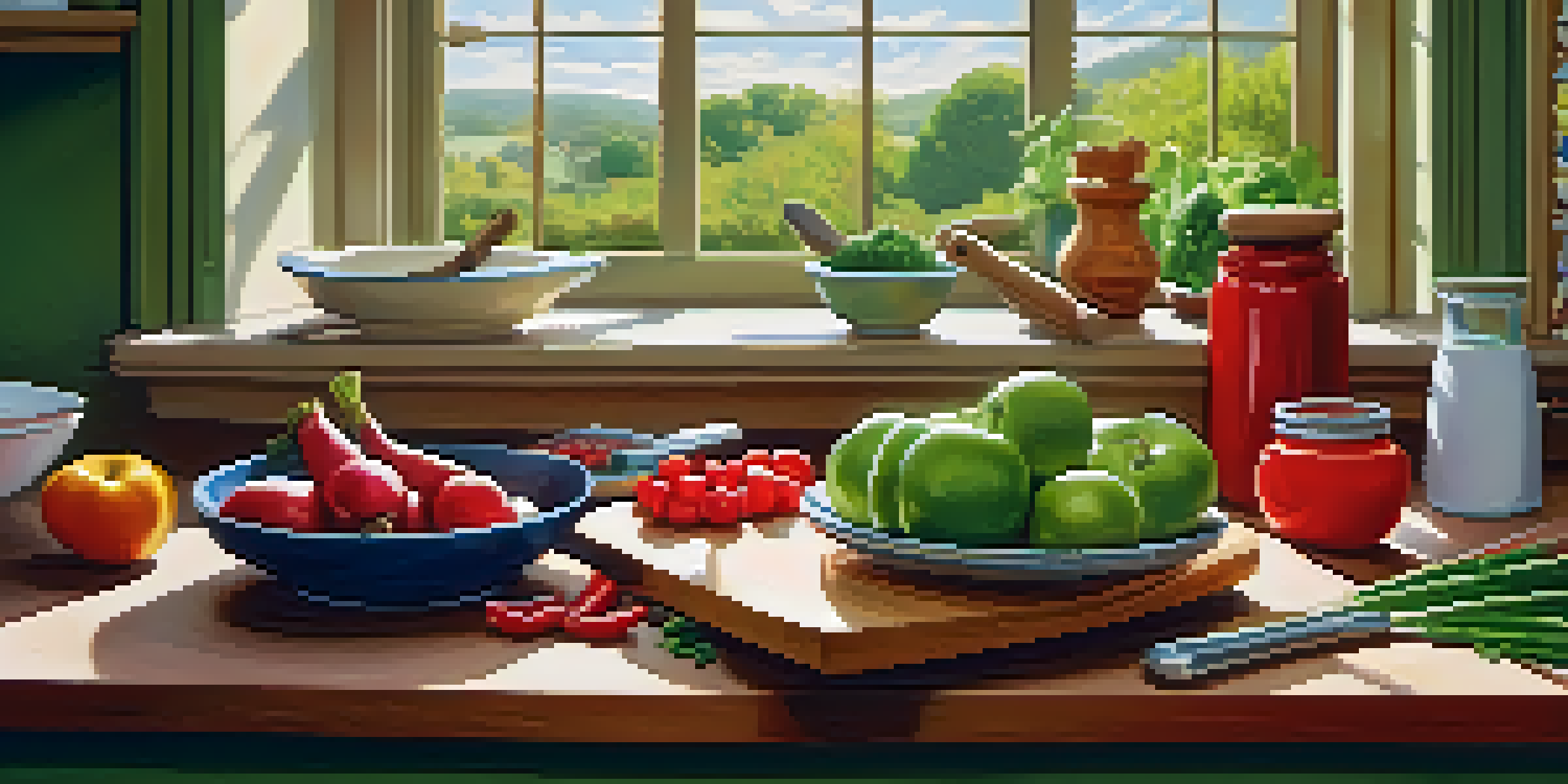 An organized kitchen with separate cutting boards for raw meat and vegetables, sunlight illuminating the scene.