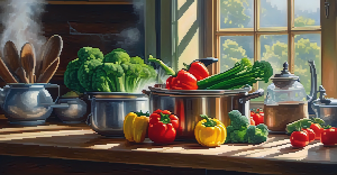 A bright kitchen with fresh vegetables on a cutting board and a steaming pot in the background, illuminated by sunlight.