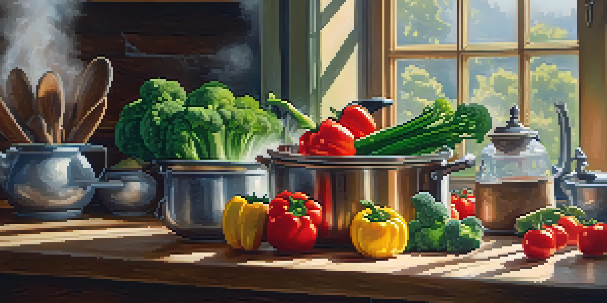 A bright kitchen with fresh vegetables on a cutting board and a steaming pot in the background, illuminated by sunlight.