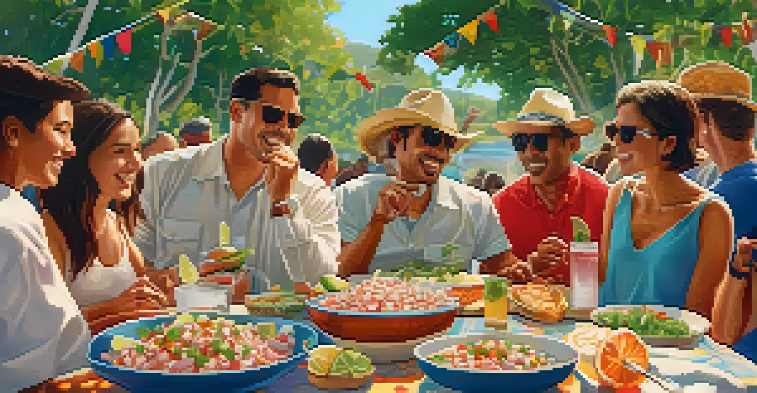 A group of friends enjoying ceviche at an outdoor gathering with greenery and a sunny backdrop.