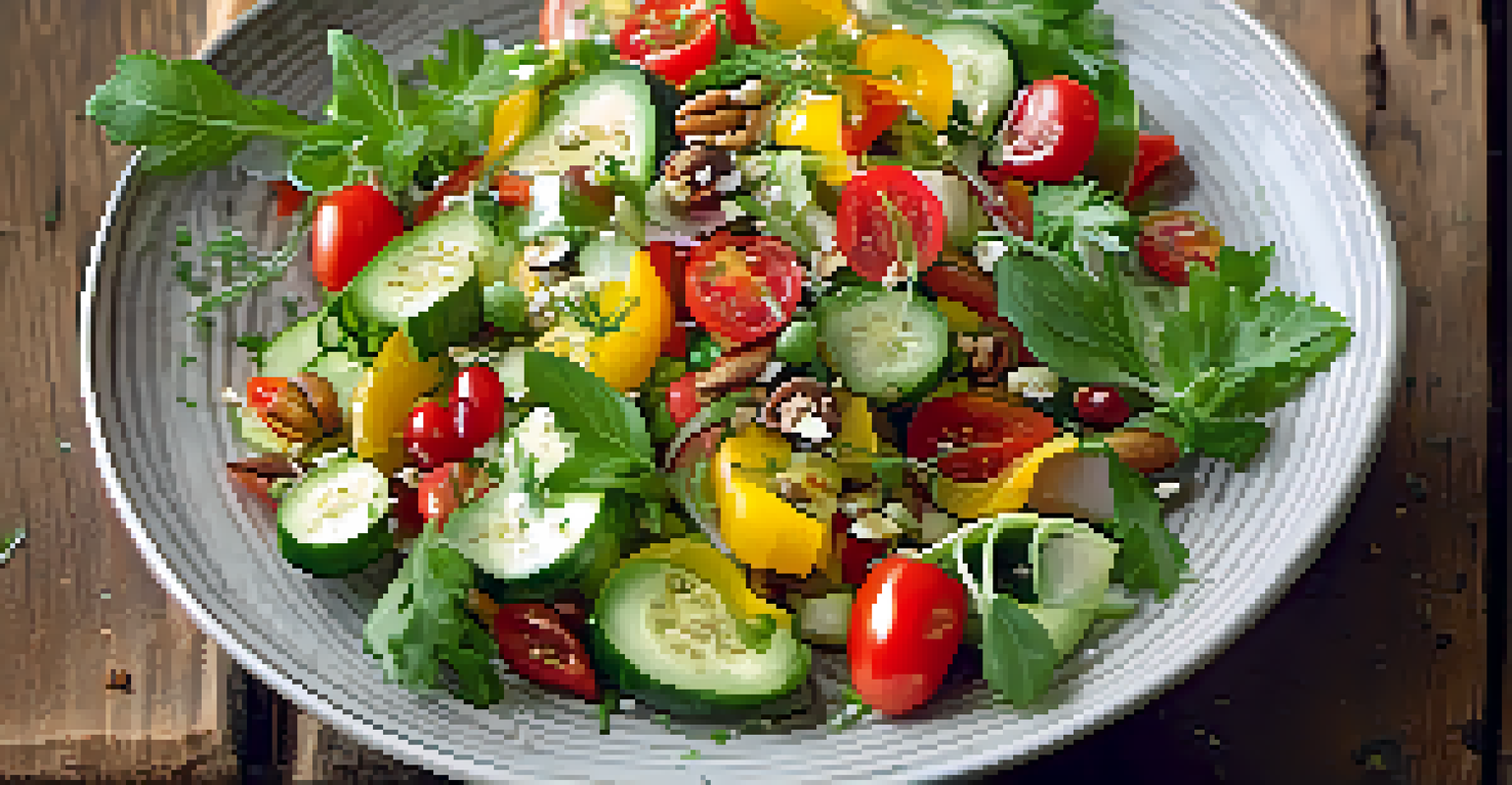A colorful raw salad in a bowl, featuring various vegetables, seeds, and nuts, elegantly presented on a rustic wooden table.