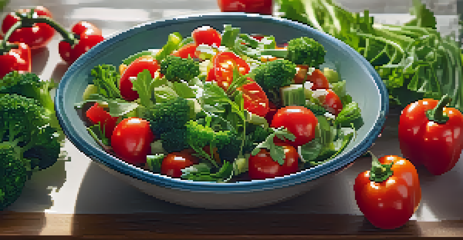 A colorful salad with raw vegetables like bell peppers, broccoli, and cherry tomatoes, garnished with fresh herbs.