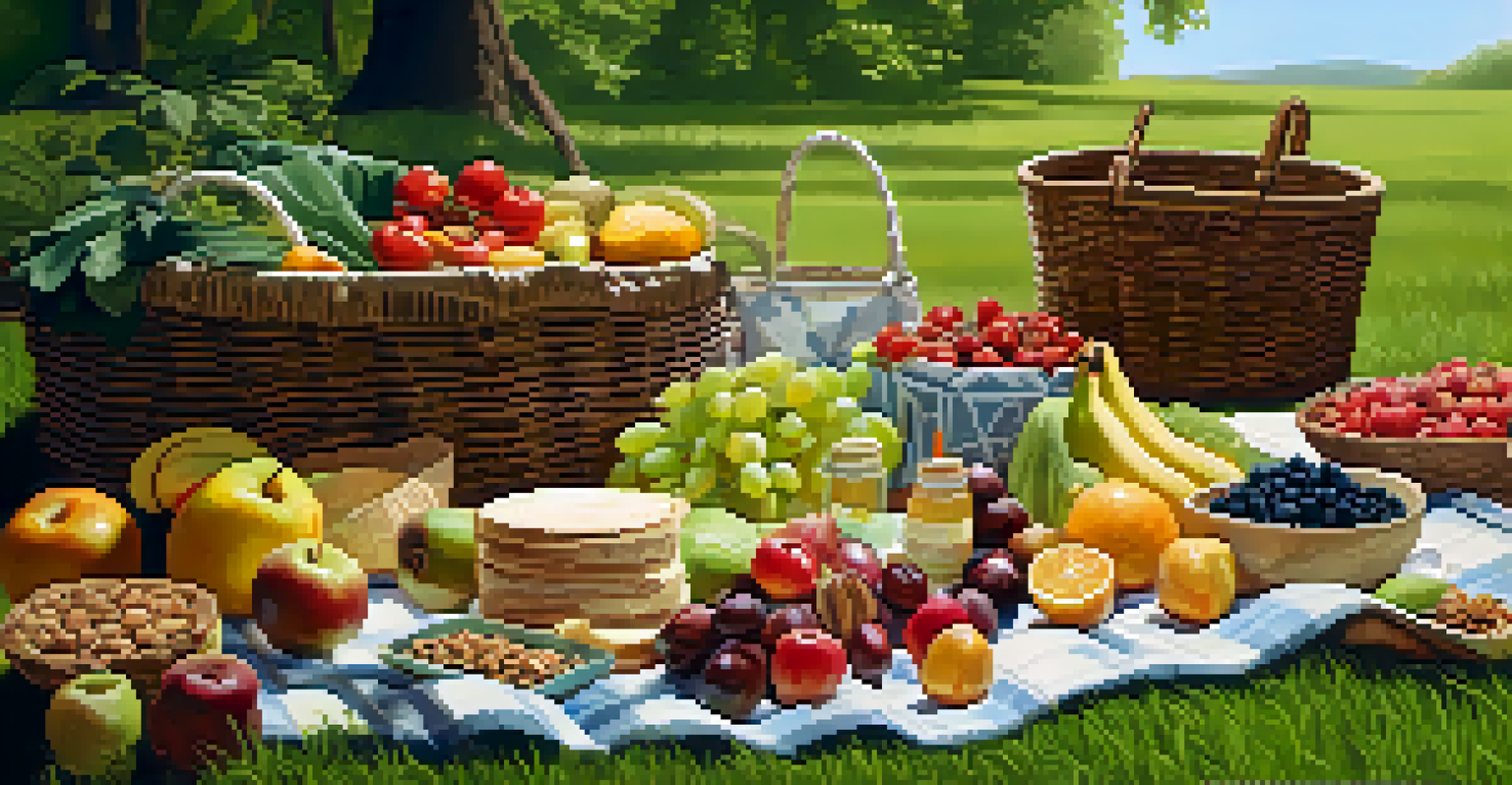 An outdoor picnic setup with a variety of raw foods on a blanket in a green park, surrounded by nature and soft sunlight.