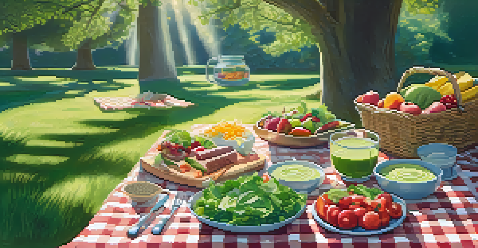An outdoor picnic scene with a checkered blanket holding raw food dishes like salads and fruit platters, surrounded by greenery and sunlight.