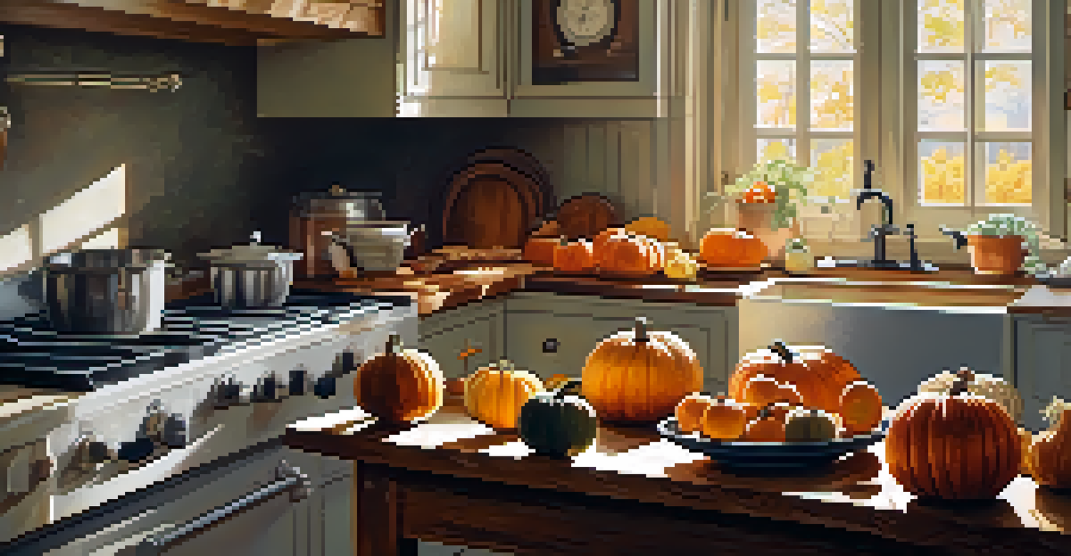 A warm kitchen scene featuring seasonal produce like pumpkins and citrus fruits on a wooden countertop with sunlight streaming in.