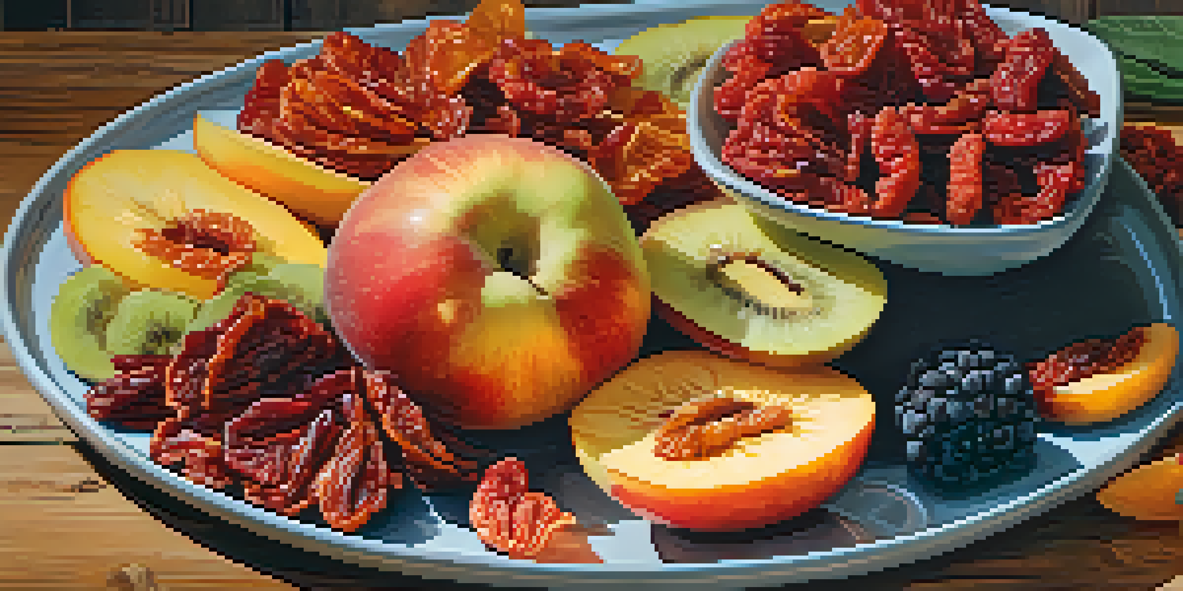 A colorful platter of assorted dehydrated fruits including sun-dried tomatoes, apple rings, and peach slices on a rustic wooden background.