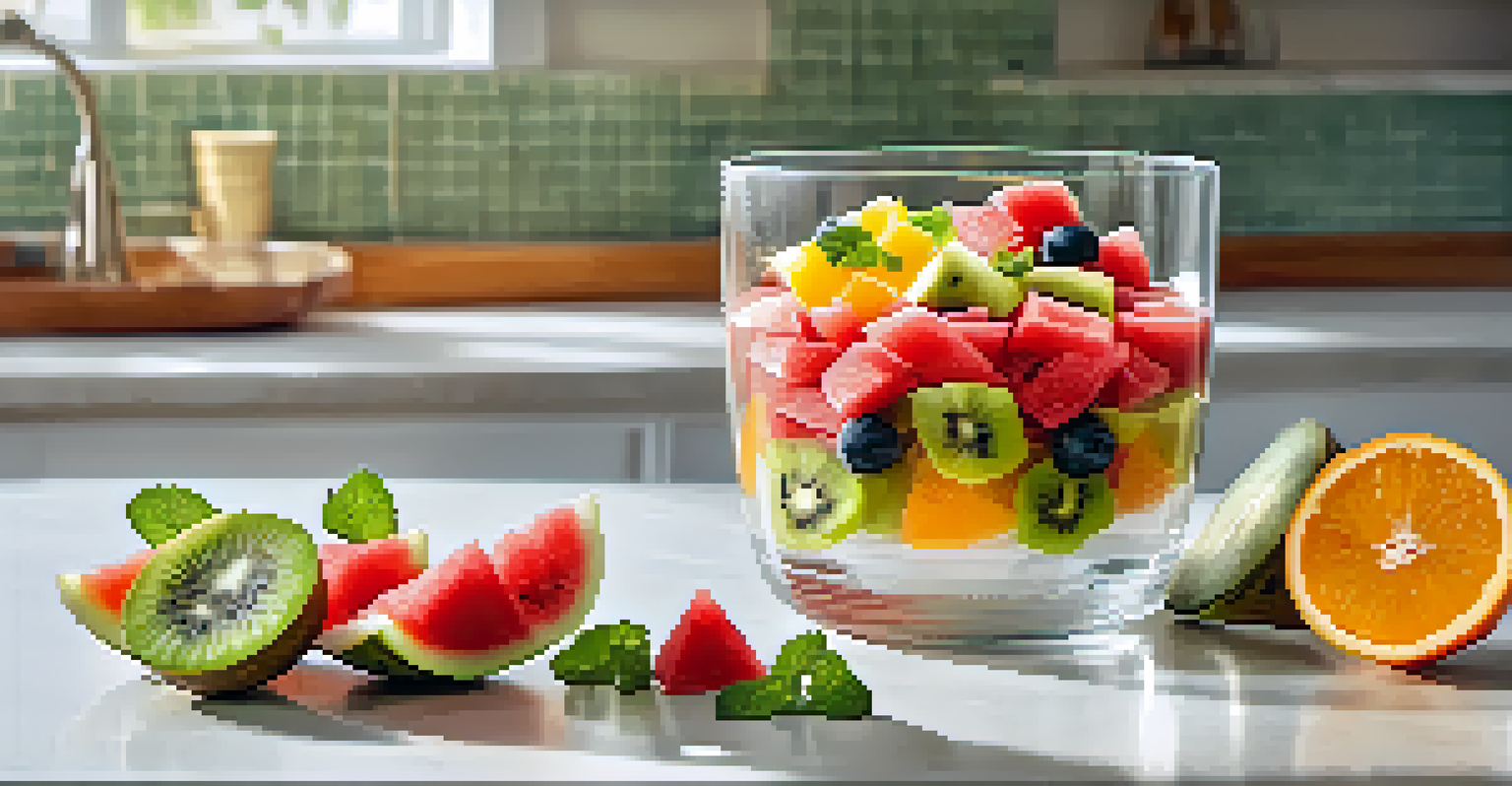 A clear glass bowl of colorful fruit salad with watermelon, kiwi, and orange slices, garnished with mint leaves, on a bright countertop.