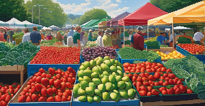 A bustling farmer's market showcasing a variety of colorful fruits and vegetables under sunlight.