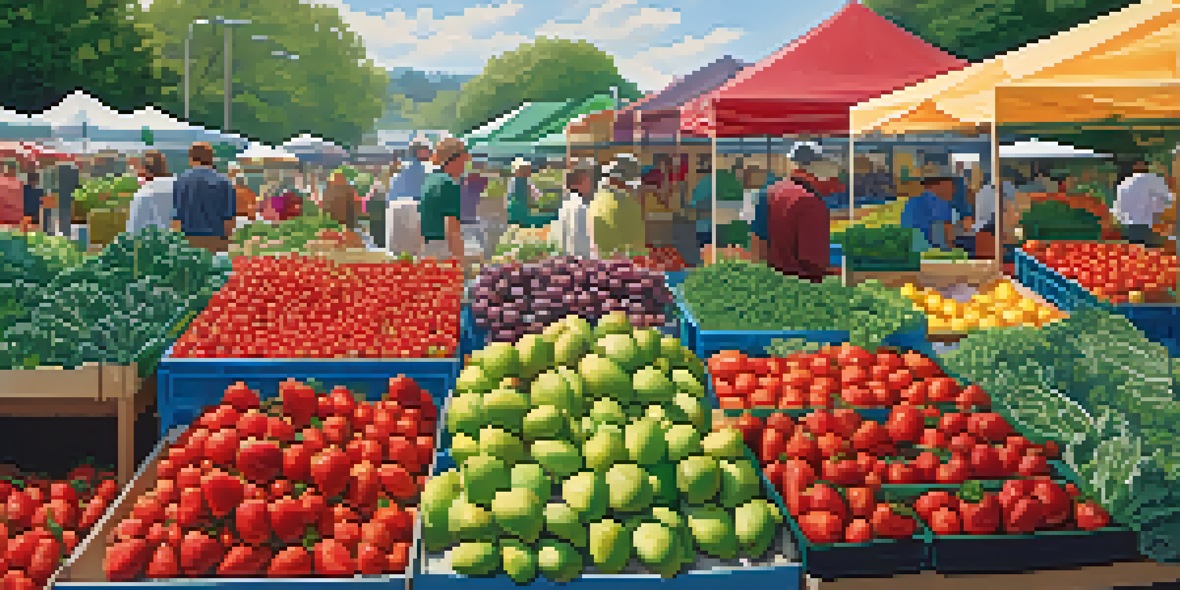 A bustling farmer's market showcasing a variety of colorful fruits and vegetables under sunlight.