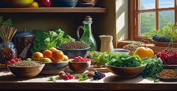 A bright kitchen countertop showcasing a variety of fresh raw foods like greens, berries, nuts, and seeds, with natural light highlighting their textures.