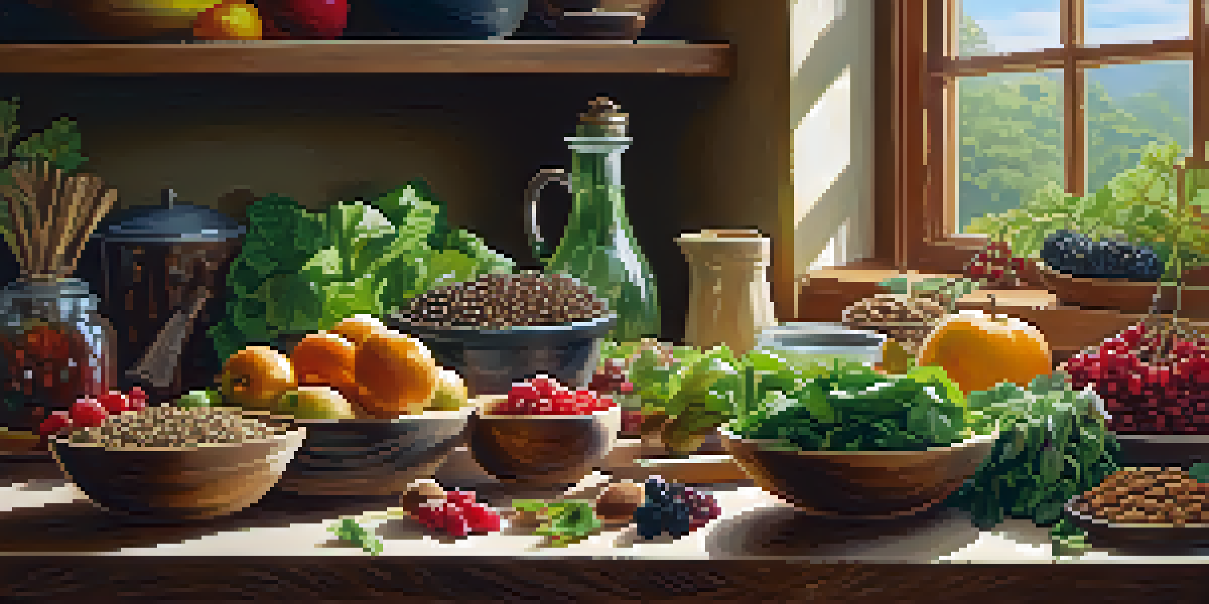 A bright kitchen countertop showcasing a variety of fresh raw foods like greens, berries, nuts, and seeds, with natural light highlighting their textures.