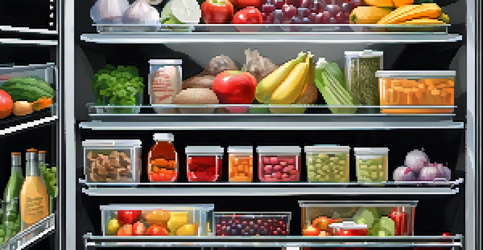 An organized refrigerator with labeled airtight containers and separate sections for fruits, vegetables, and meats.