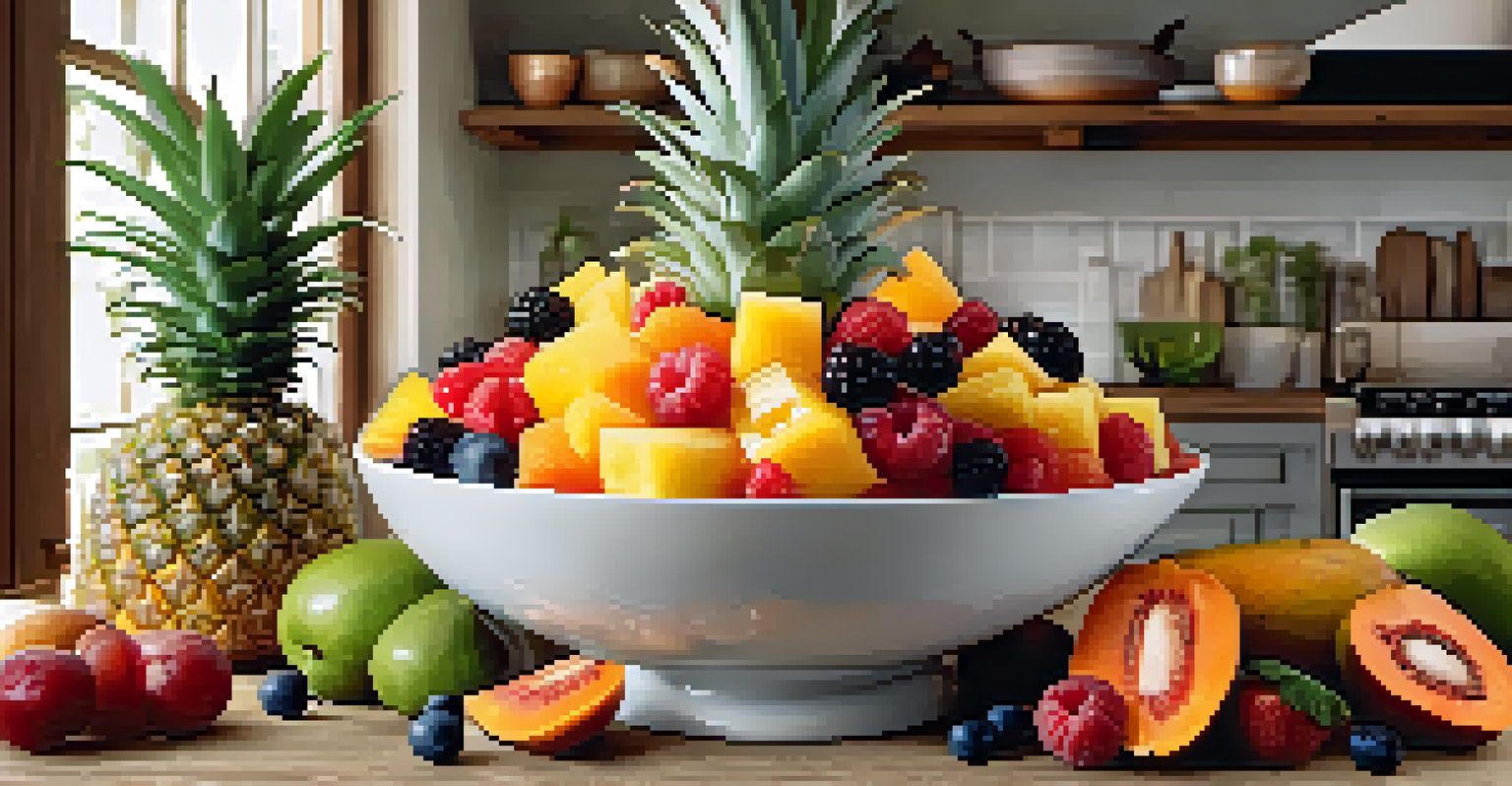 A fruit salad with pineapple, papaya, and berries in a bowl, set in a rustic kitchen.