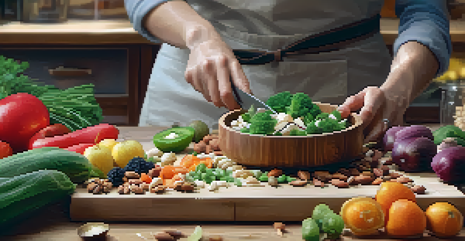 A close-up of a person preparing raw food, slicing colorful vegetables and fruits on a cutting board in a cozy kitchen.