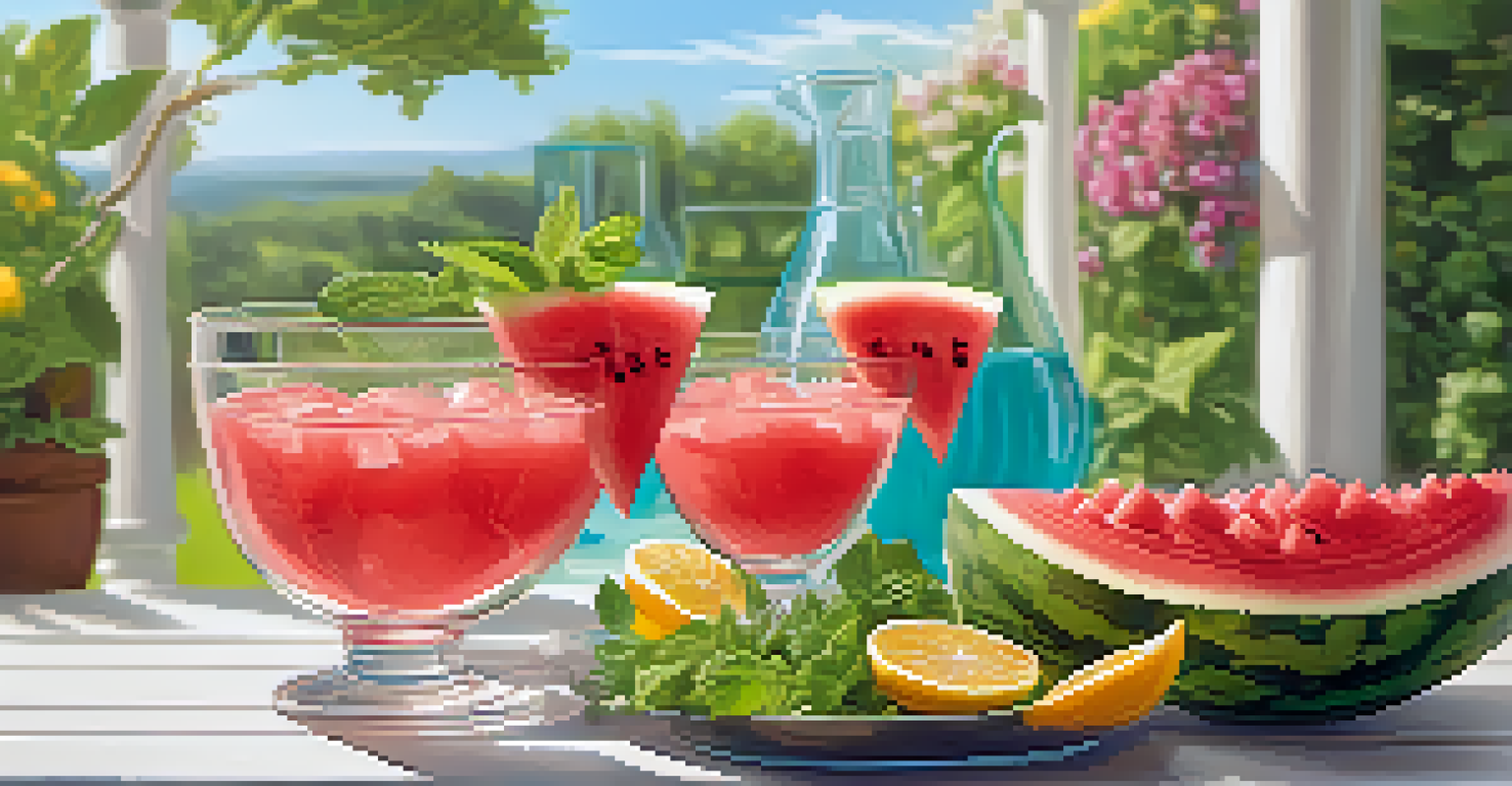 A chilled watermelon salad with mint leaves in a glass bowl, surrounded by a sunny patio with flowers.